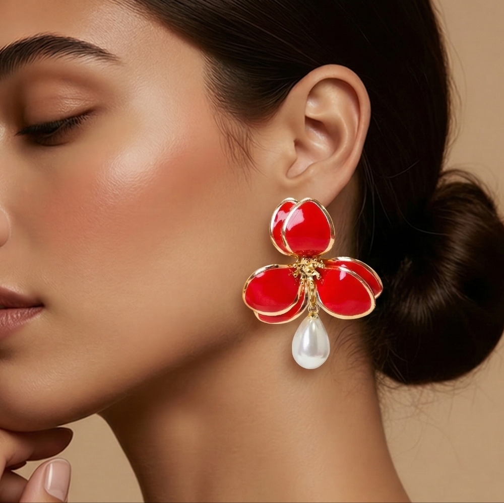 Red Flower Pearl Drop Earrings Gold Stainless Steel Floral Statement Bold Glam